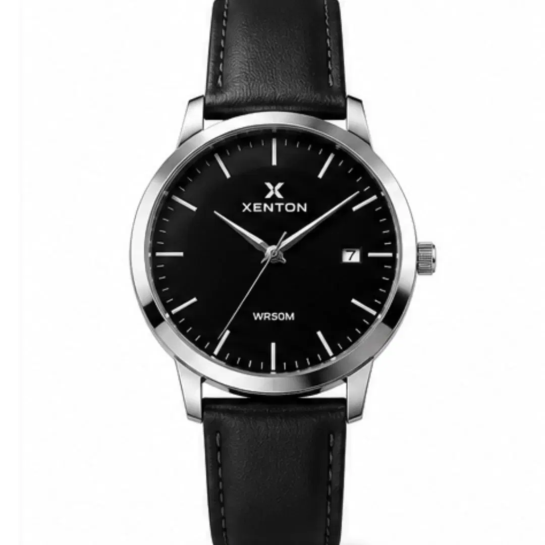 Front view of XENTON watch with black dial, silver case, date window and black leather strap