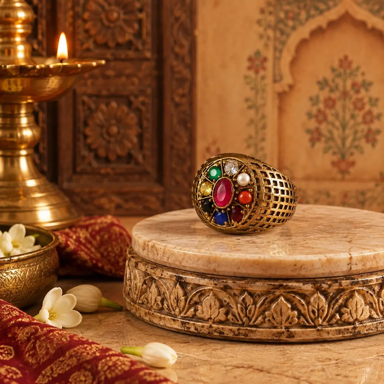 Angled side view of antique gold ring with multicolour stone face and wide lattice band