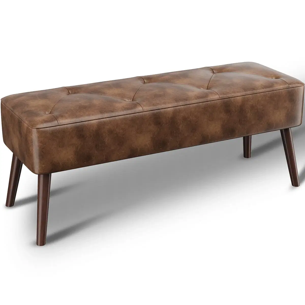 Brown tufted faux leather bench shown at an angled front view with four tapered wooden legs