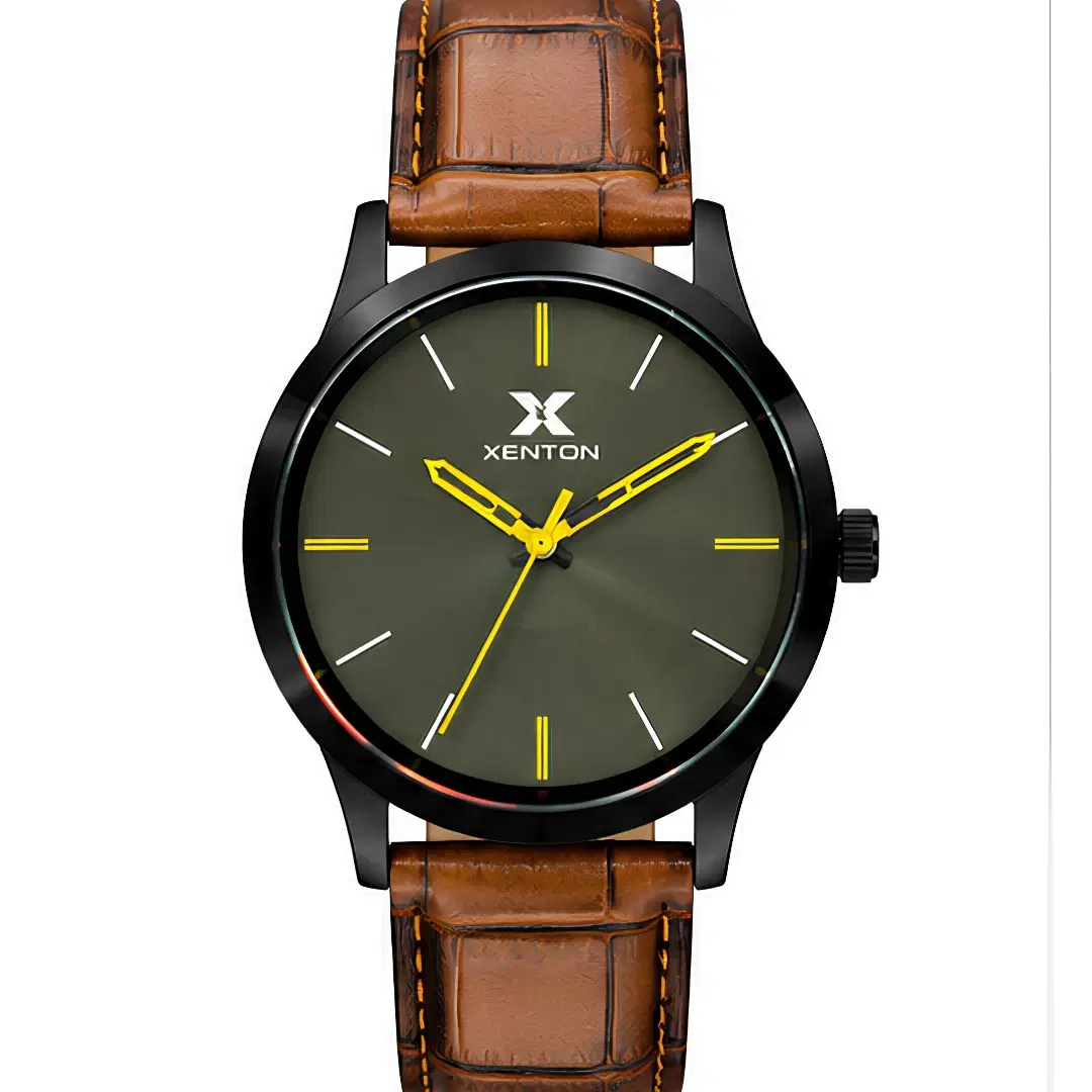 Front view of Xenton watch with black round case, olive dial and brown textured leather strap