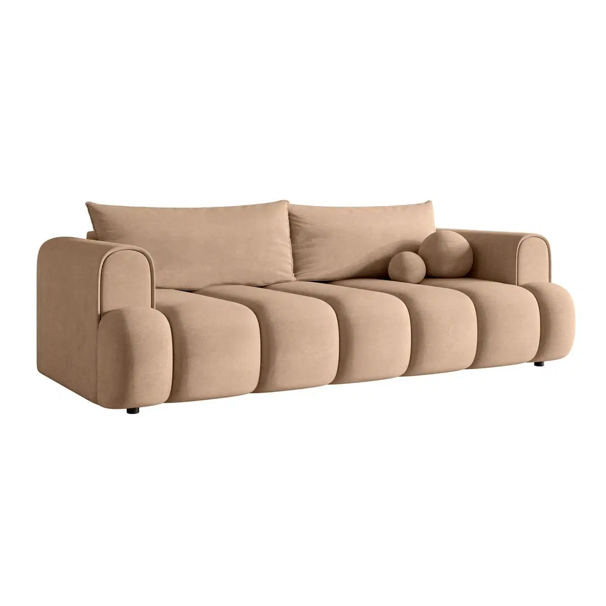 Front three-quarter view of beige upholstered sofa with rounded arms and channel-tufted seat