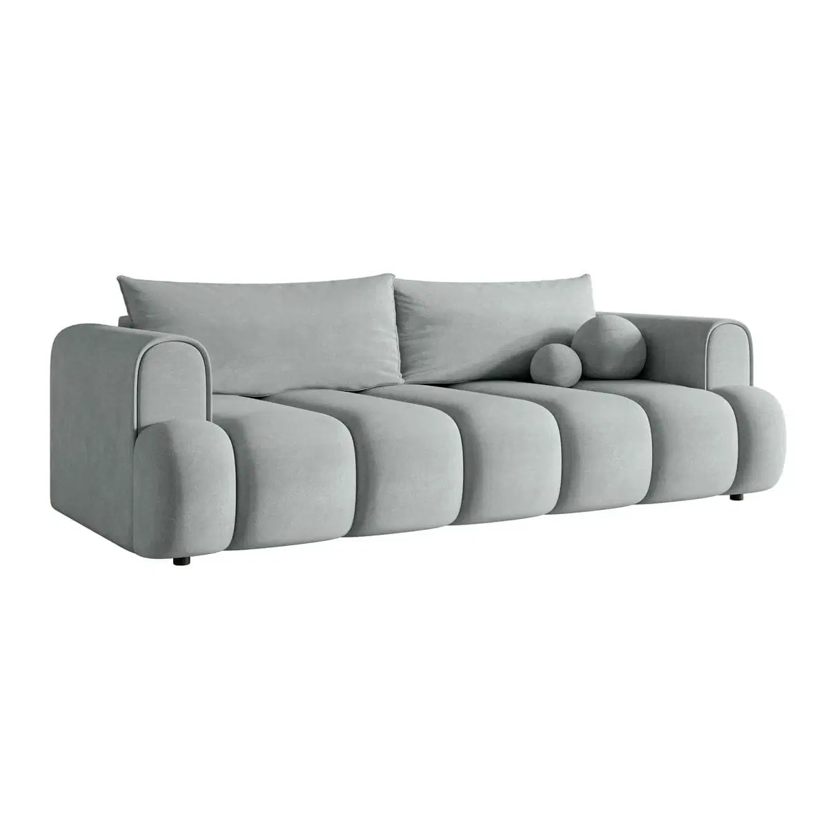 Front three-quarter view of a light grey sofa with rounded arms, channel base and two round cushions