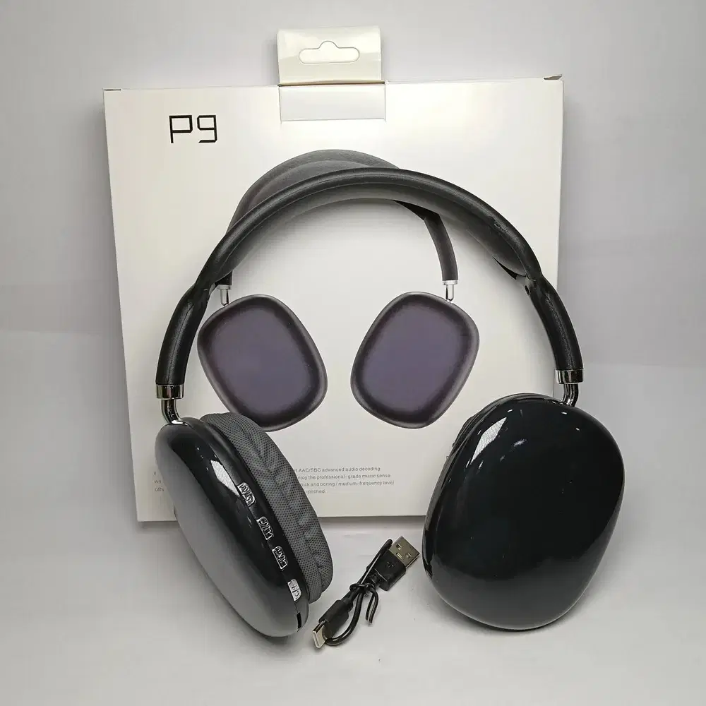 Black P9 headphones displayed with retail box and short USB charging cable