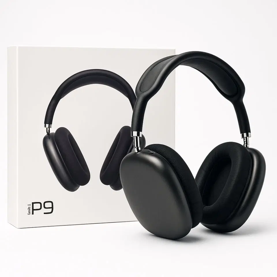 Black P9 headphones posed in front of matching retail box on a white background