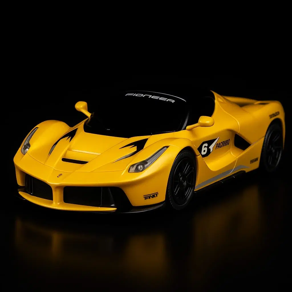 Low front three-quarter view showing sculpted hood, slim headlights and side number 6 graphic