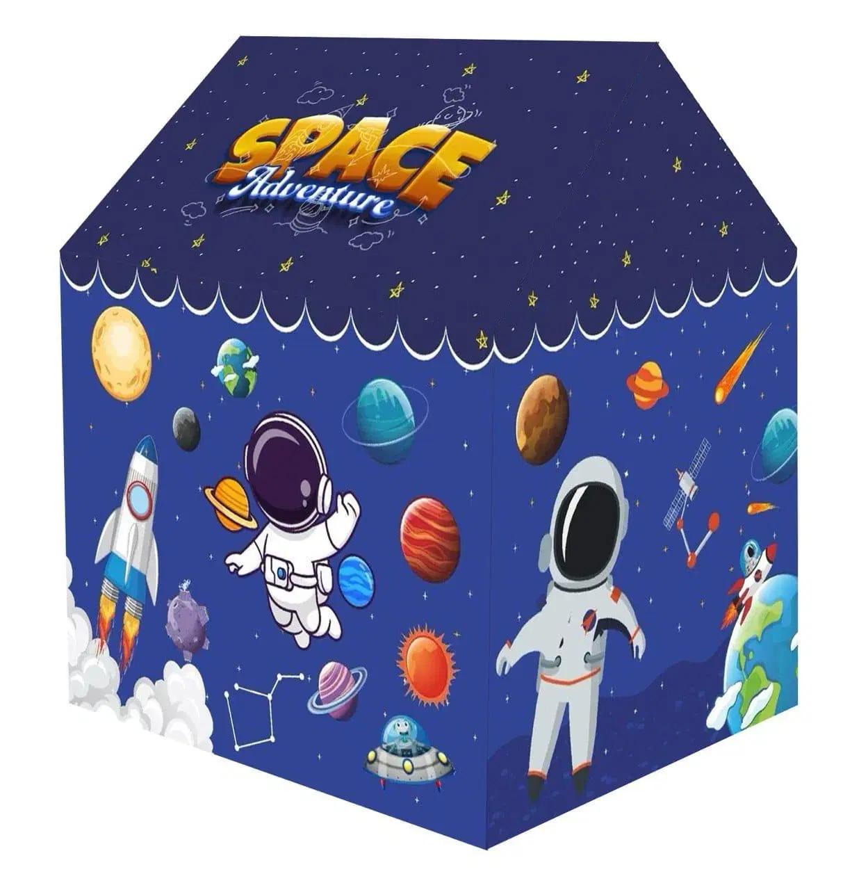 Blue space-themed kids play tent with astronauts, rocket, planets and "Space Adventure" text