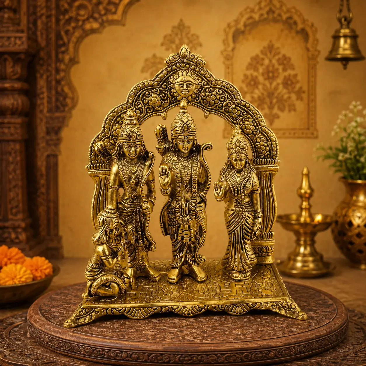 Front view of brass Ram Darbar idol with Hanuman kneeling on an engraved base beneath an ornate arch