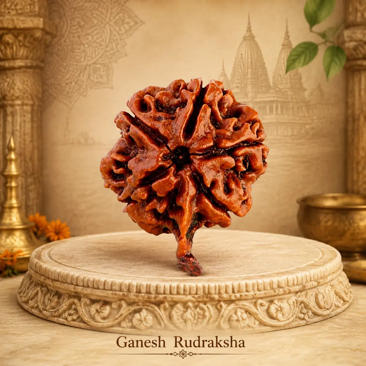 Front view of glossy brown Ganesh Rudraksha standing upright on a carved cream pedestal