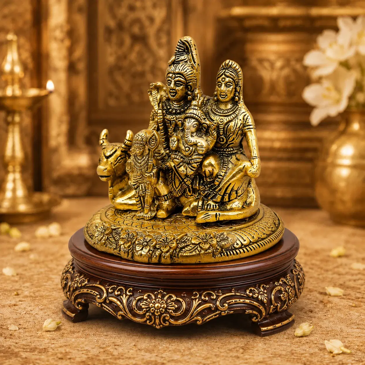 Front view of gold-tone Shiva Parivar idol displayed on an ornate dark wooden pedestal