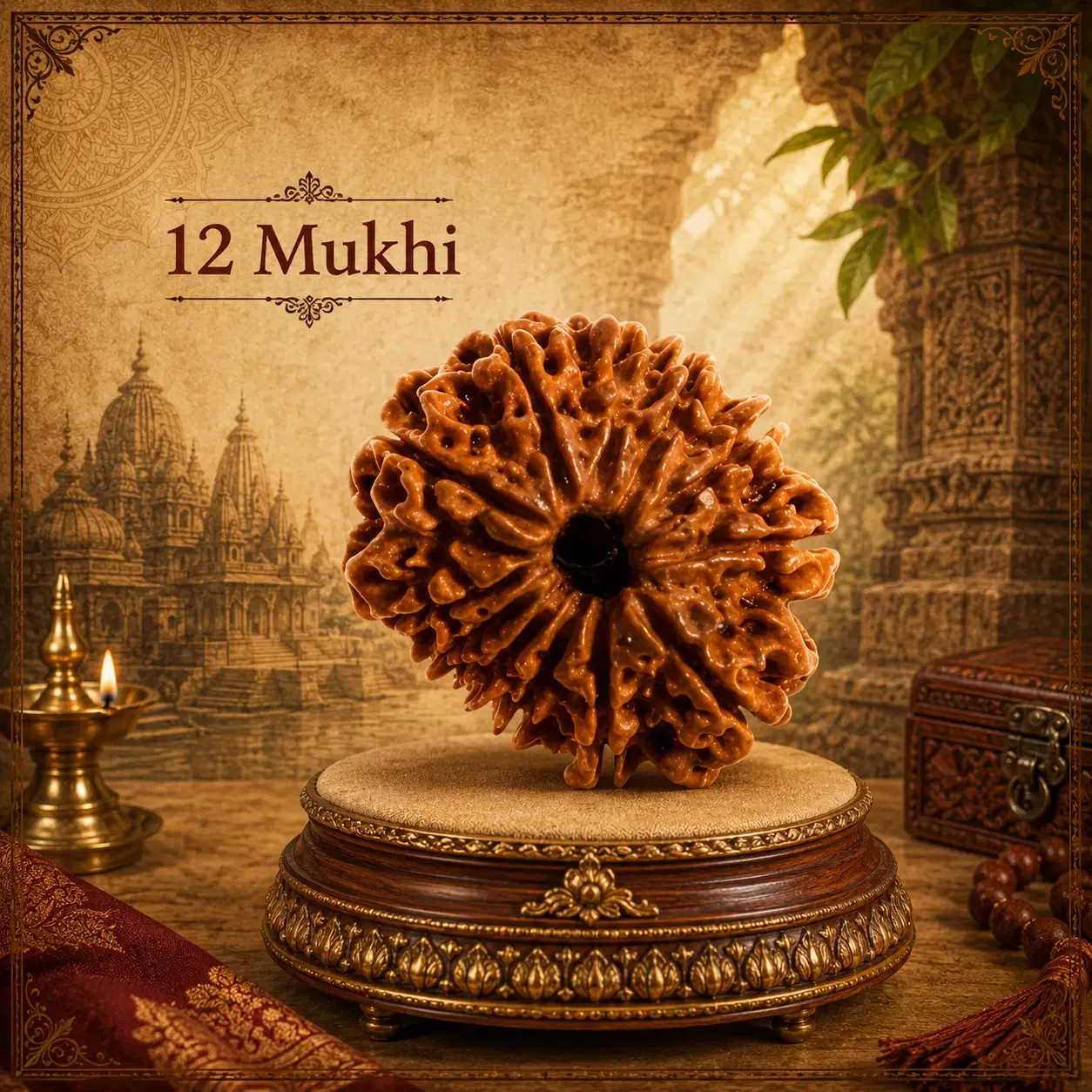 12 Mukhi Rudraksha bead displayed on an ornate round pedestal with temple-themed background