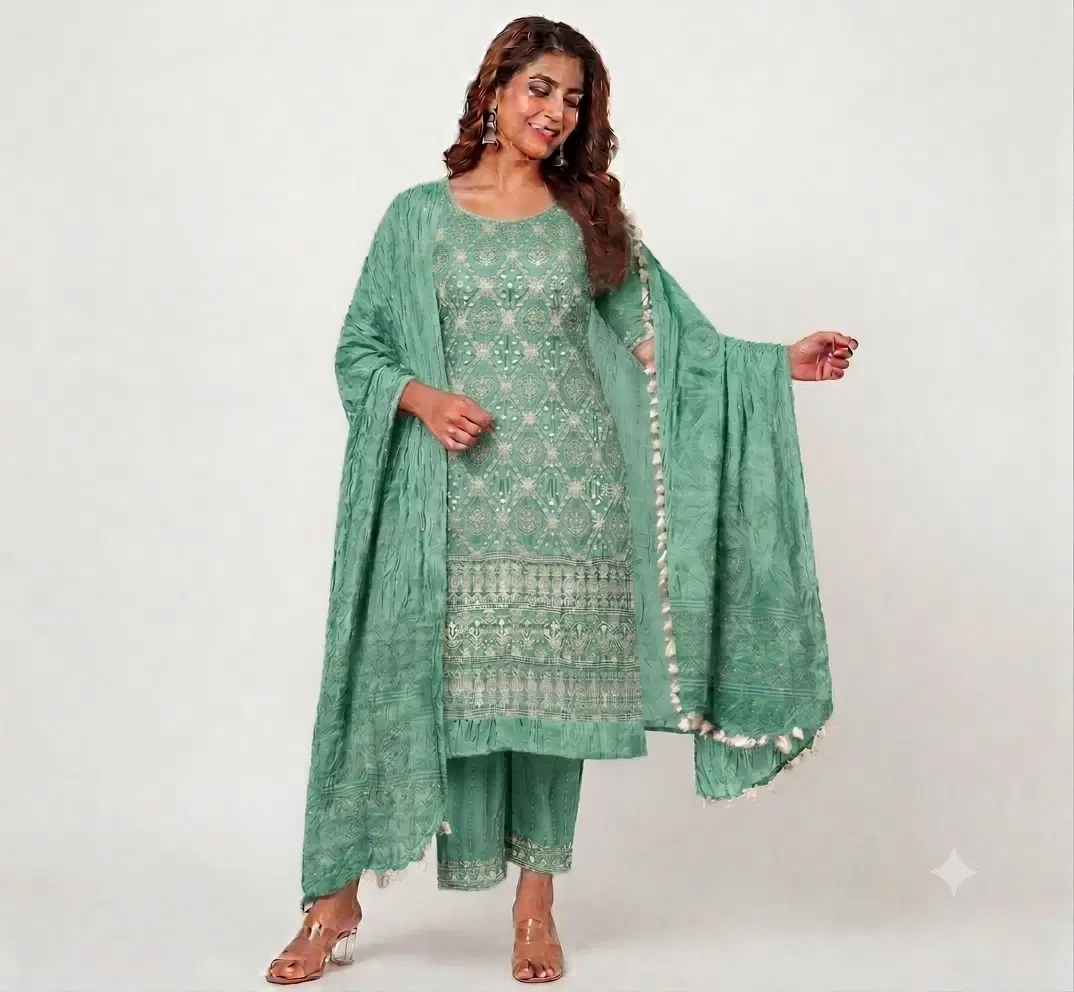 Model wearing a sea green embroidered kurta set with palazzo pants and tasseled dupatta