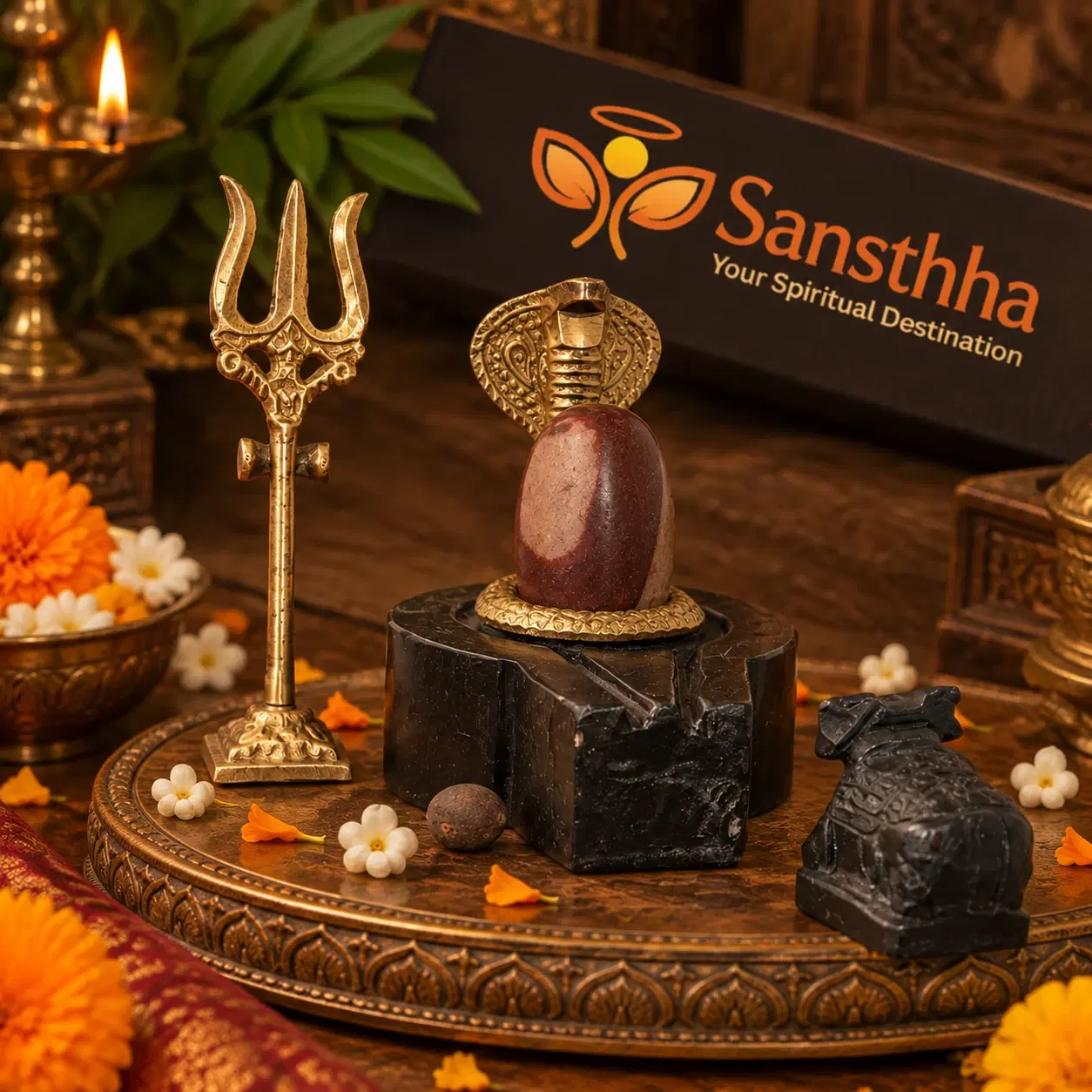 Shiva lingam set on black base with brass trishul, Nandi idol and Sansthha box in background