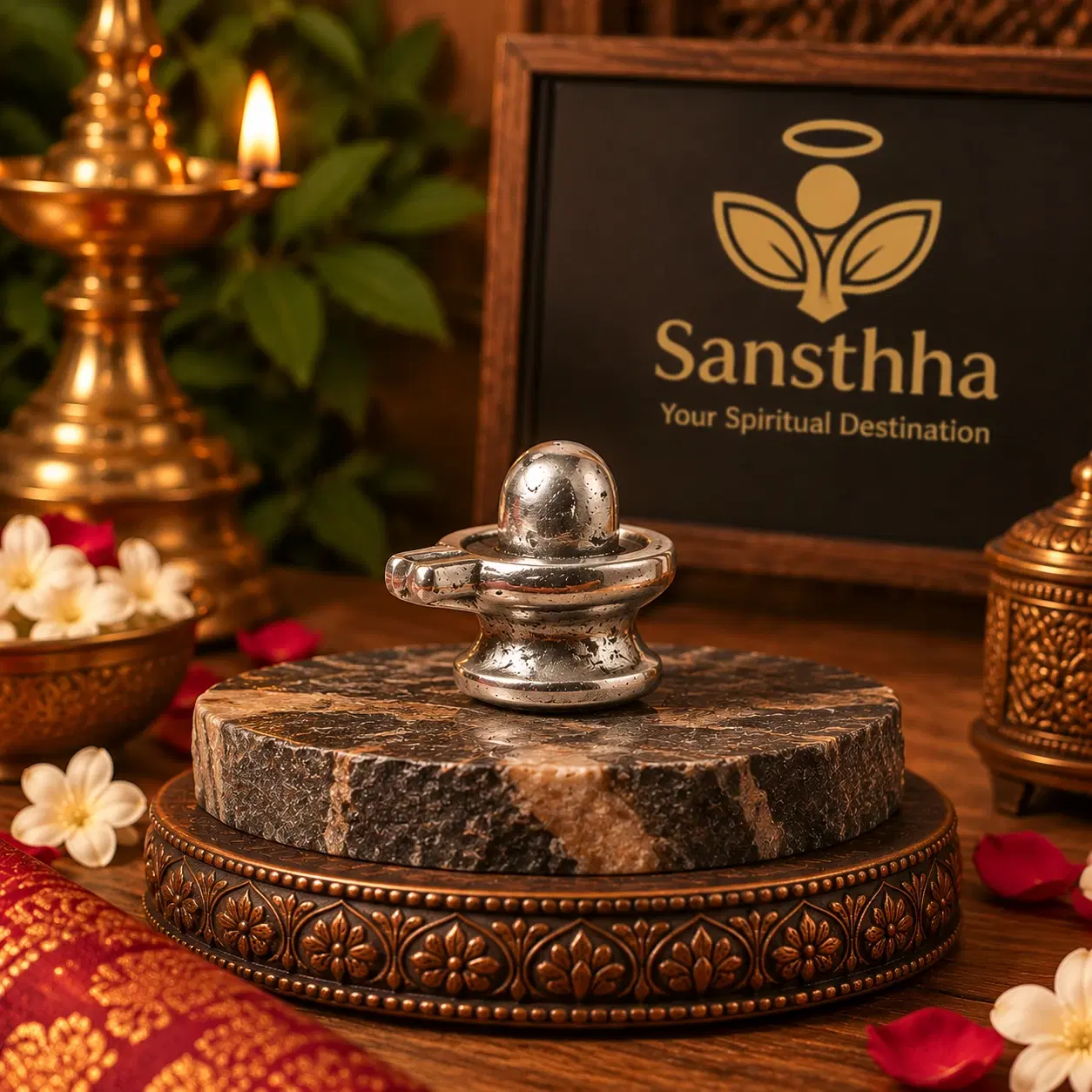Silver-tone Shivling placed on a dark stone slab with floral brass decor and Sansthha backdrop