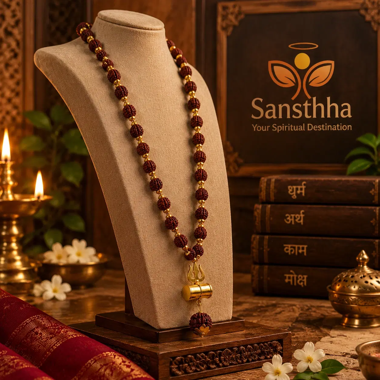 Angled front view of rudraksha bead necklace on beige bust with gold-tone Trishul and damru pendant
