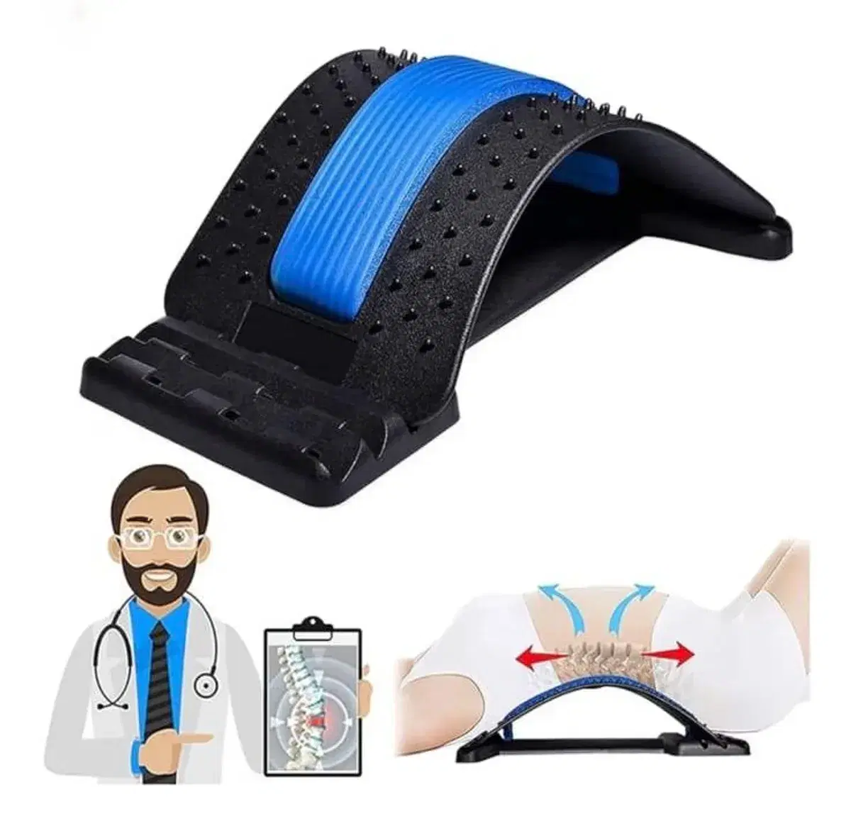 Black back stretcher arch with blue ribbed pad and acupressure nodes, shown with spinal relief graphic