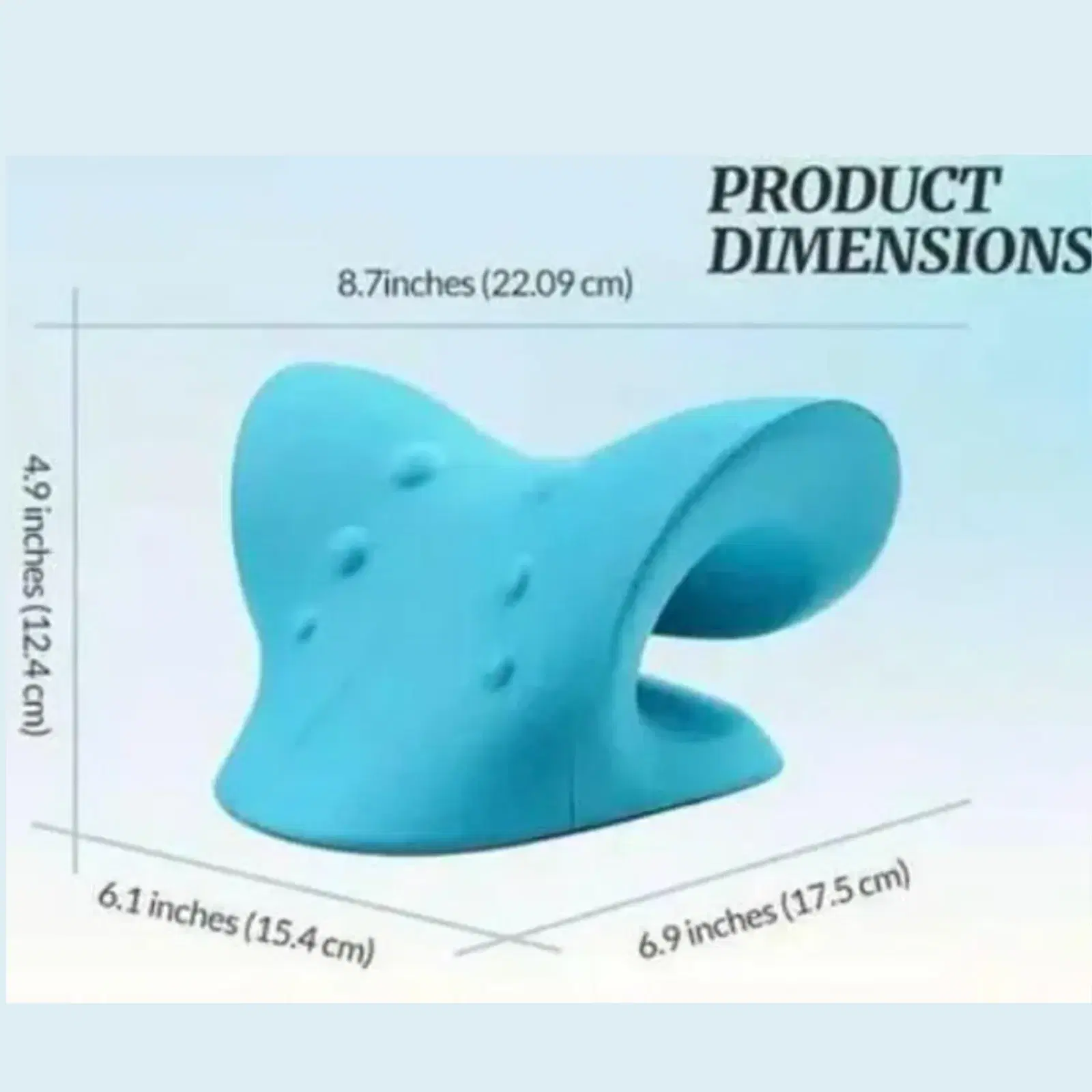 Blue neck stretcher dimension graphic, angled view with measurements 8.7 x 6.9 x 4.9 inches