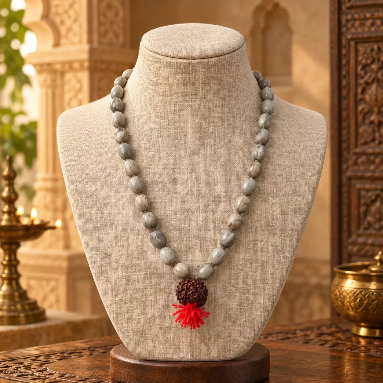 Front view of grey oval bead necklace with rudraksha pendant and bright red tassel on beige bust