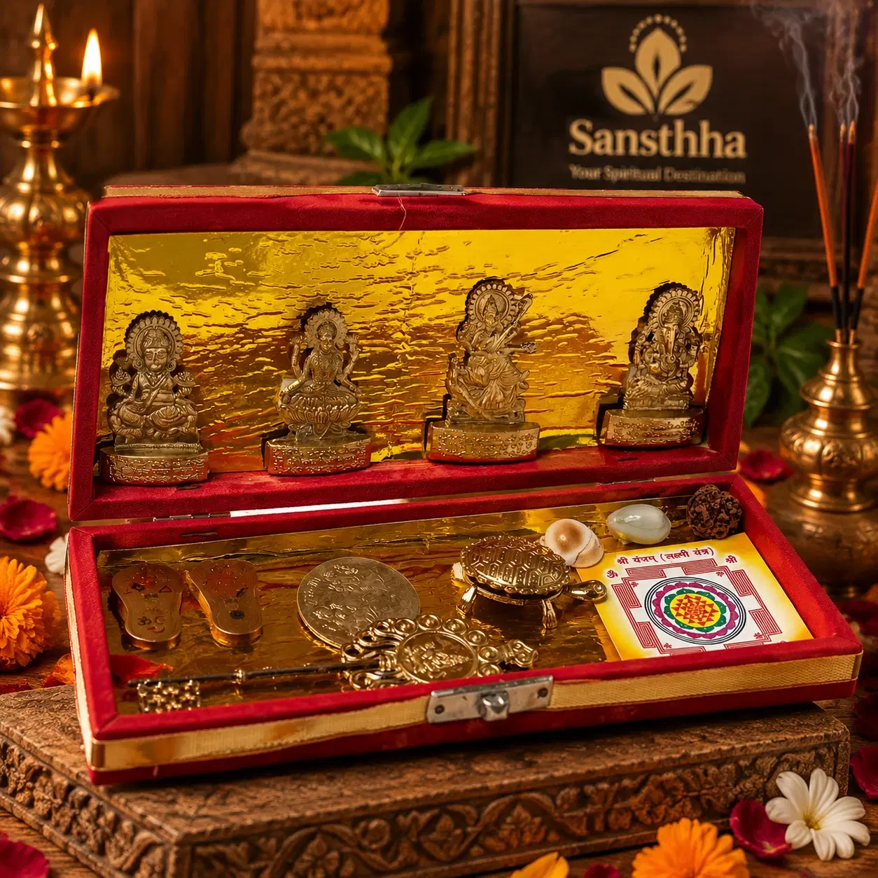 Open red velvet pooja box with gold interior, deity idols and ritual items on a carved wooden platform