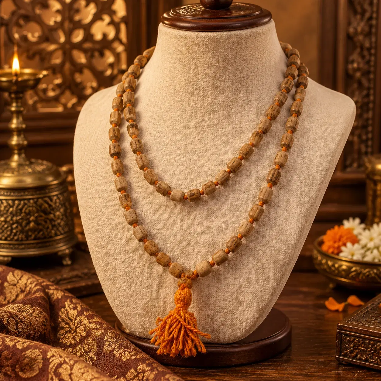 Centered close front view showing the layered bead strands and knotted orange tassel detail