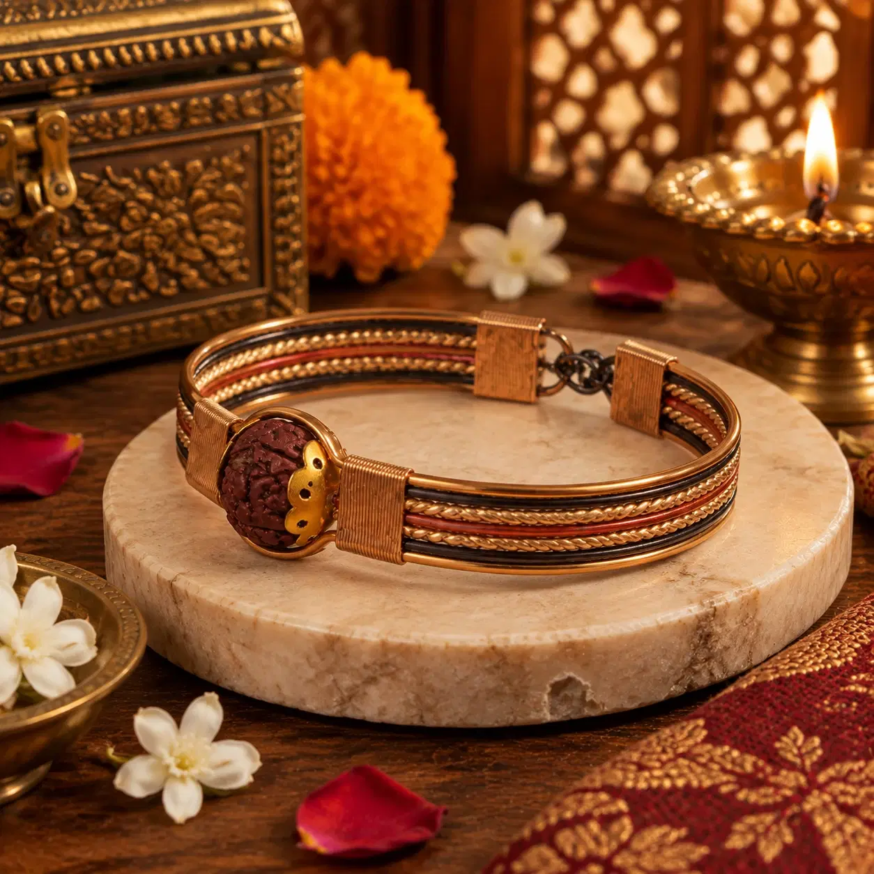 Gold-tone multi-strand bracelet with central rudraksha bead displayed on a round stone pedestal