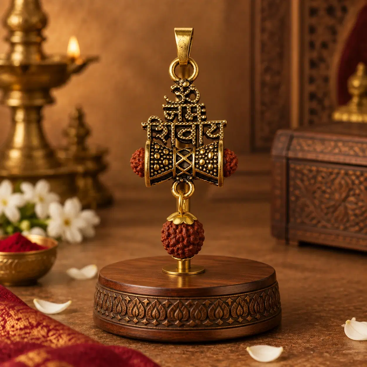 Front view of antique gold-tone Shivaya damru pendant with rudraksha accents on carved wooden stand