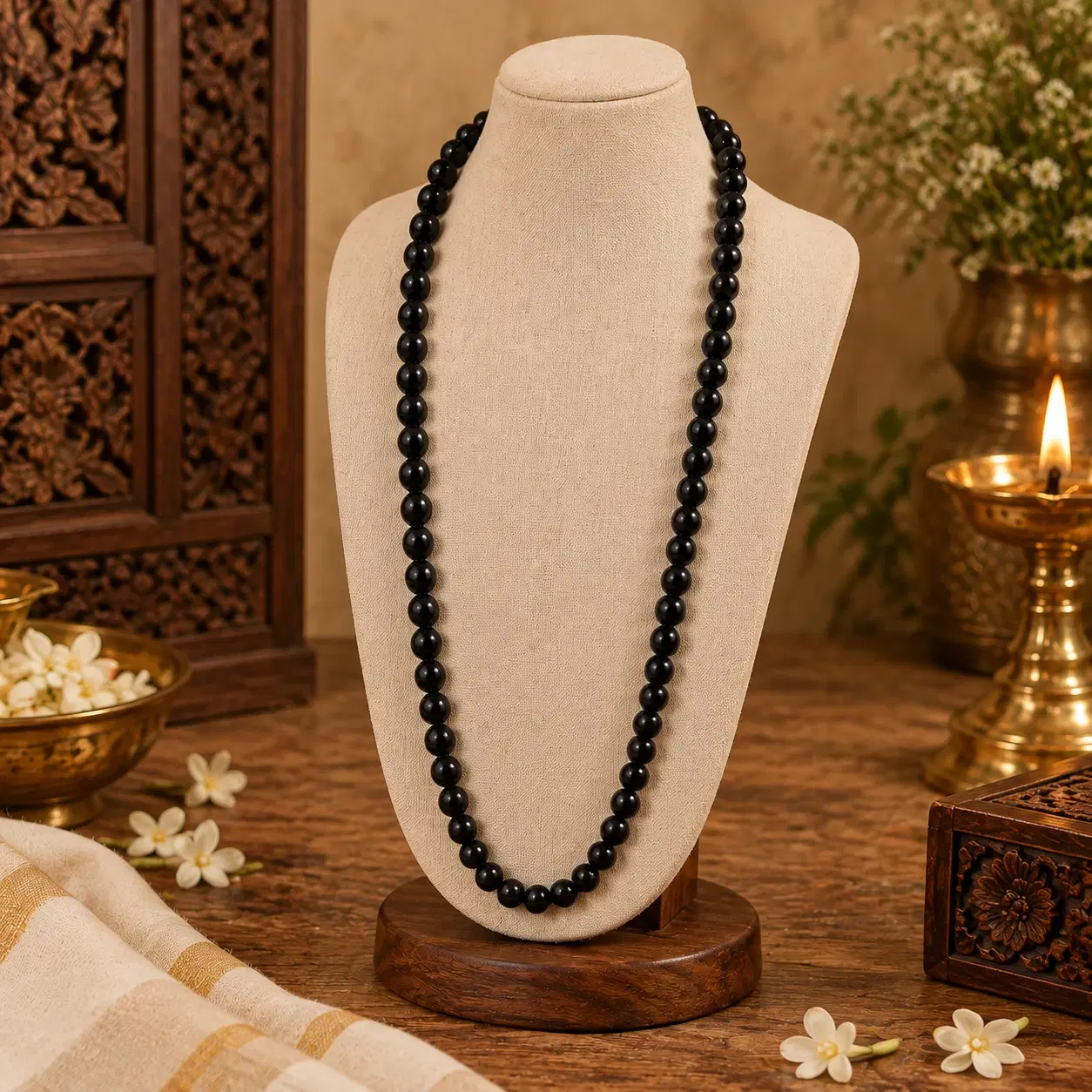 Long black beaded necklace displayed on a cream bust stand with warm festive decor