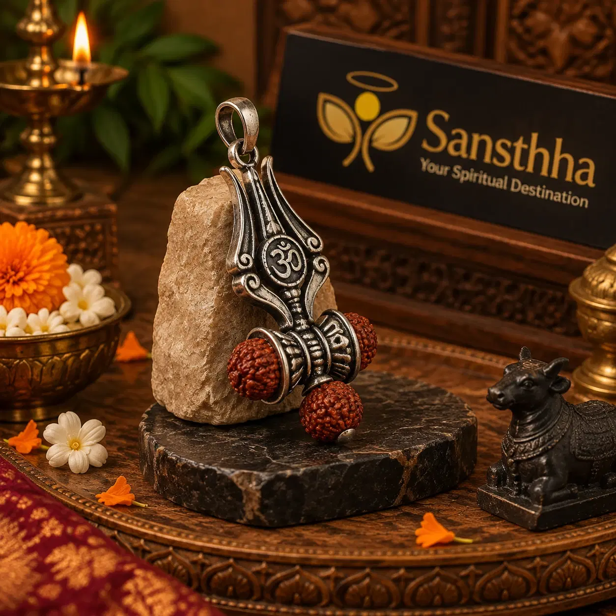 Antique silver-tone Om trishul pendant with three rudraksha beads displayed on a stone pedestal