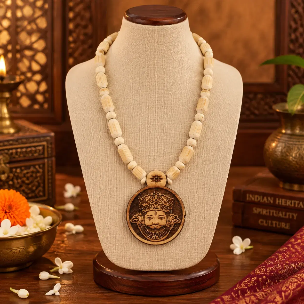 Cream beaded necklace on a beige bust stand, featuring a large round wooden pendant with engraved royal face