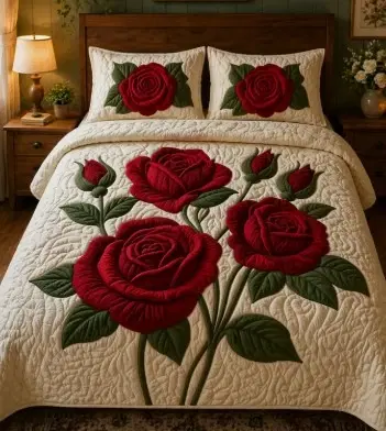 Front view of cream quilted bedding with large red rose floral design and matching pillow covers