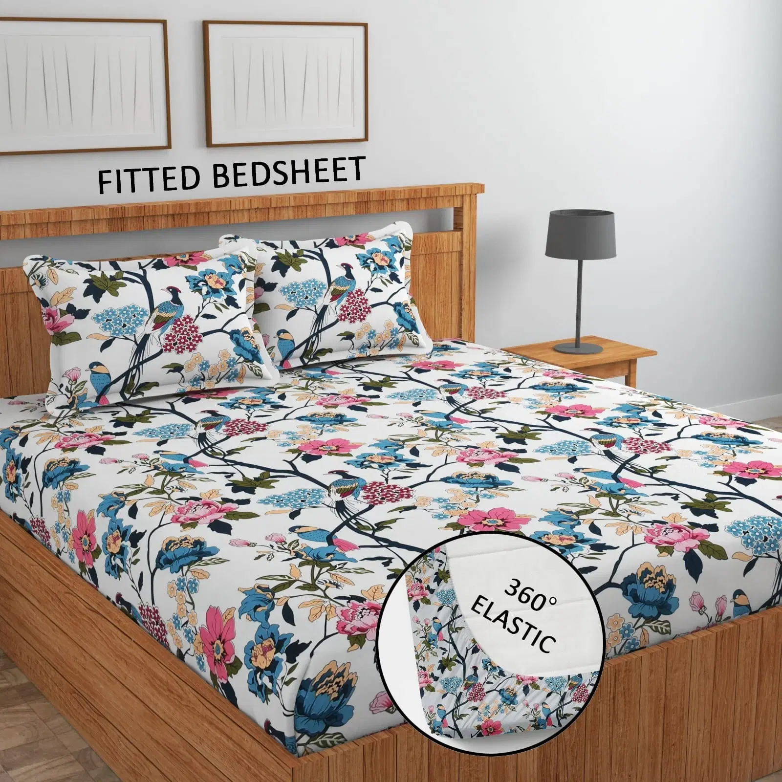 Floral and bird print fitted bedsheet on a wooden bed, with inset showing 360° elastic corner