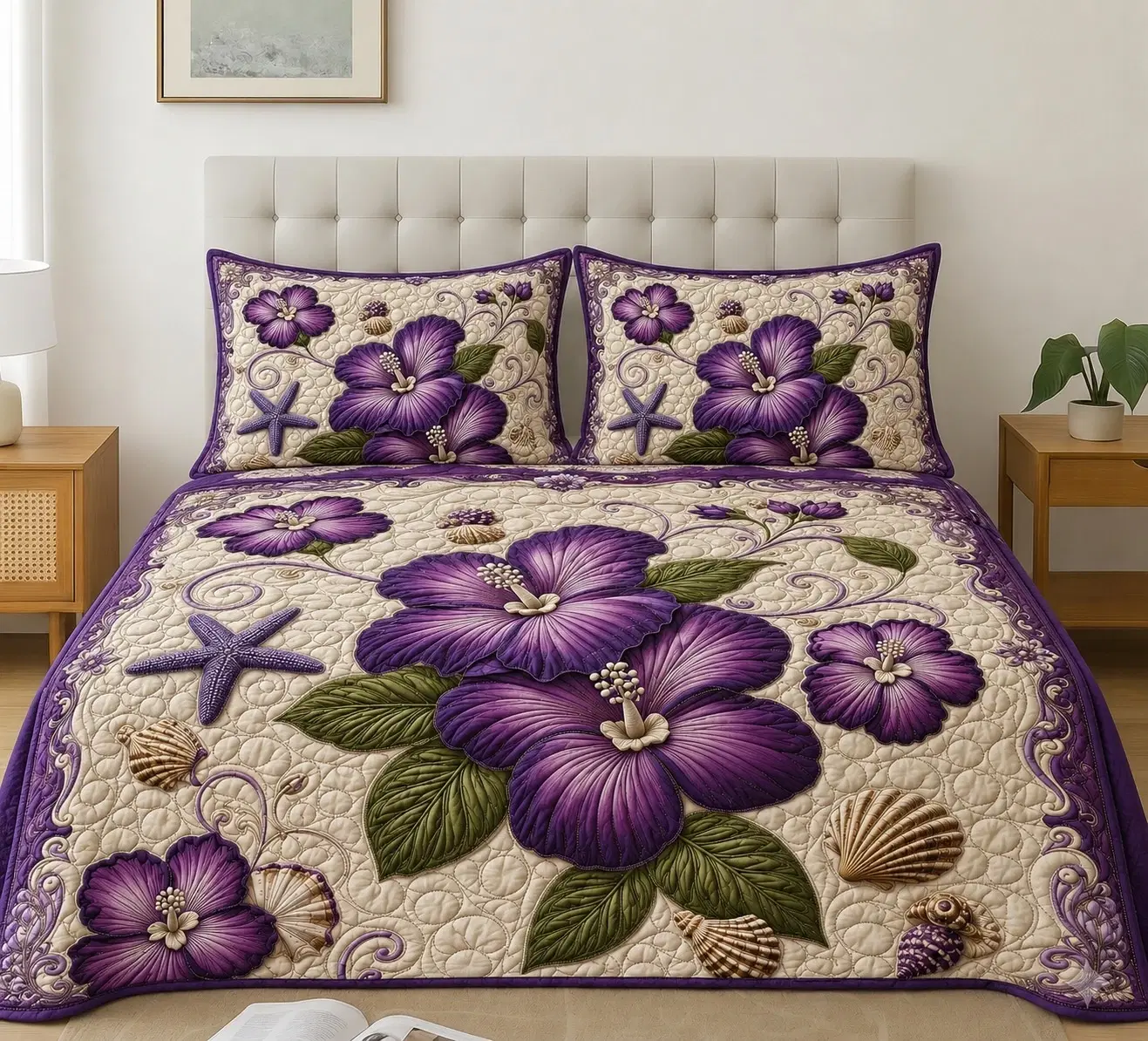 Front view of cream quilted bedspread with large purple flowers, shell accents, and two matching pillow covers