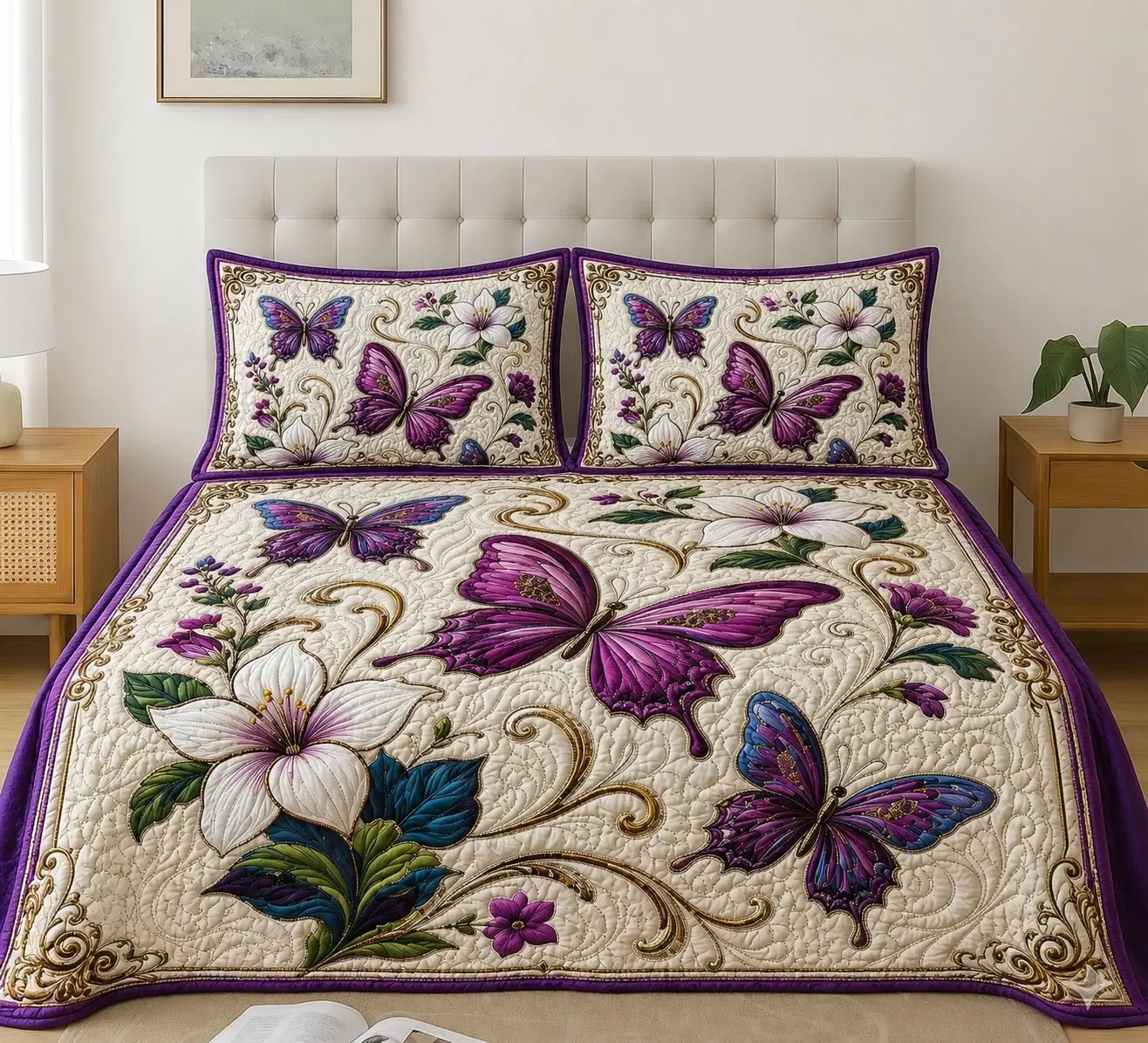 Quilted bedspread set on a bed with purple butterflies, white flowers and matching pillow covers