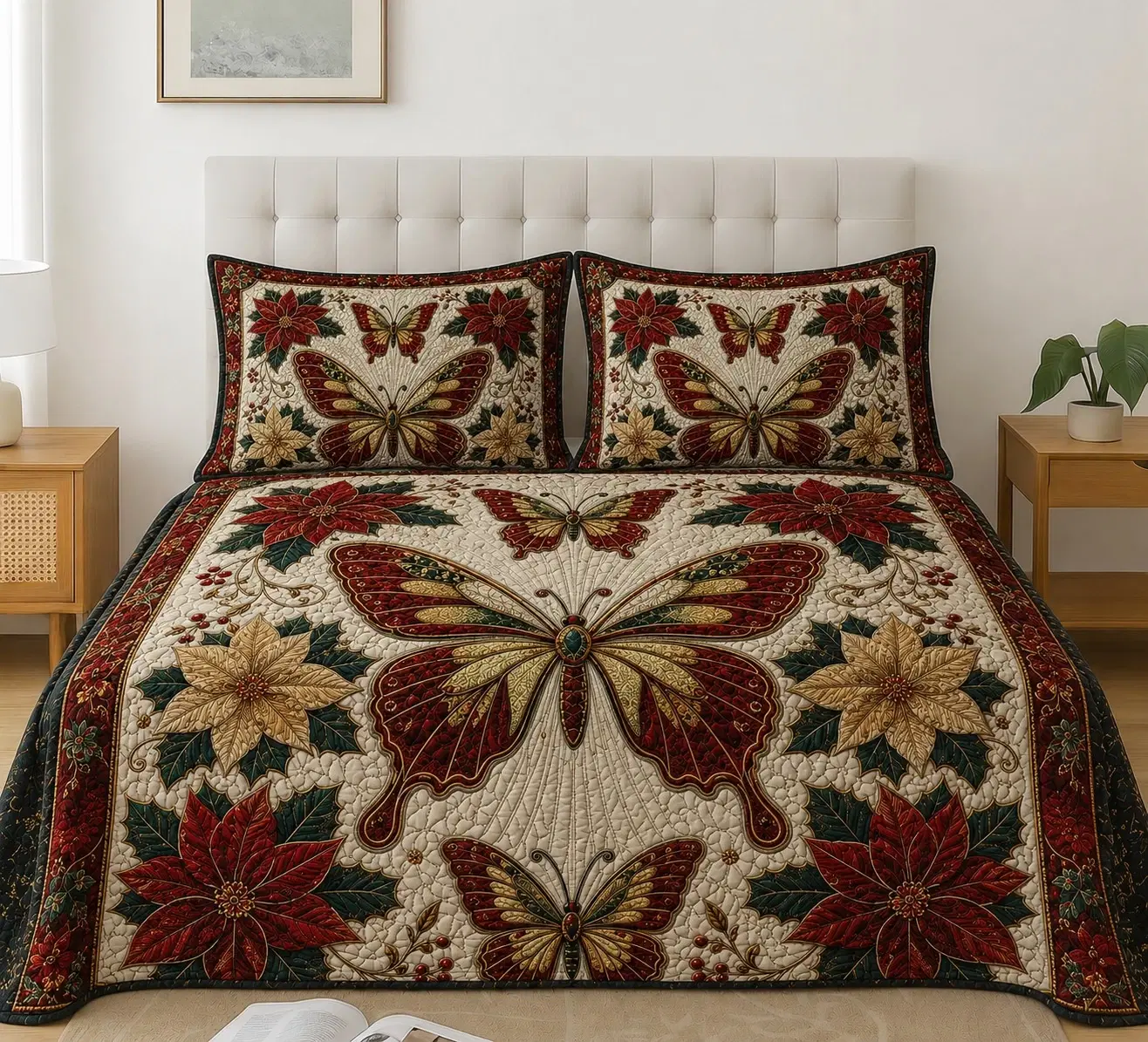 Front view of quilted bedspread and two matching shams with butterfly and poinsettia pattern