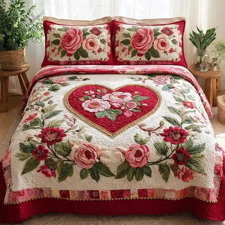 Front view of floral quilted bedspread with heart motif and two matching rose-print pillow shams on a bed