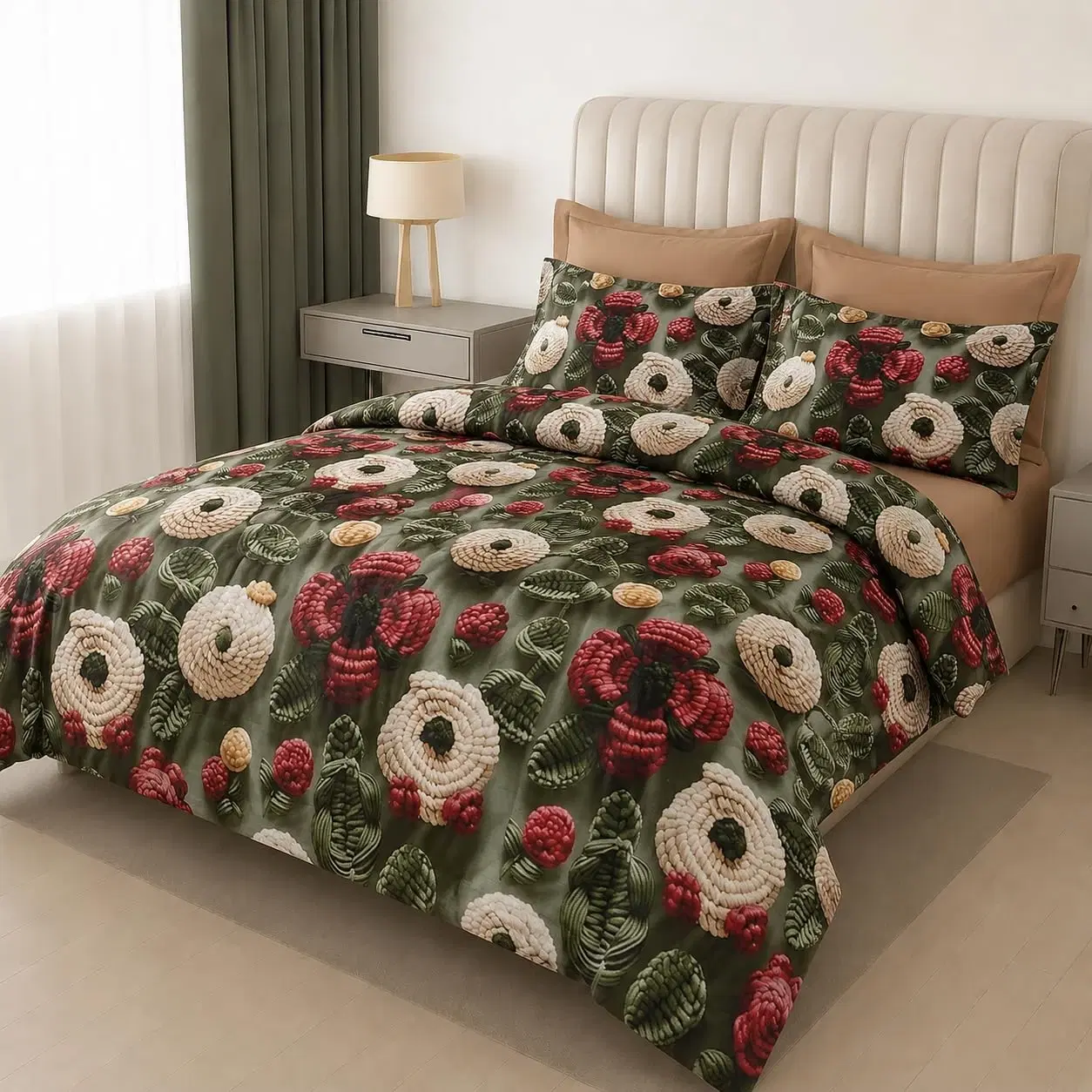 Floral bed sheet set on a bed with matching pillow covers in olive green, cream and deep red tones
