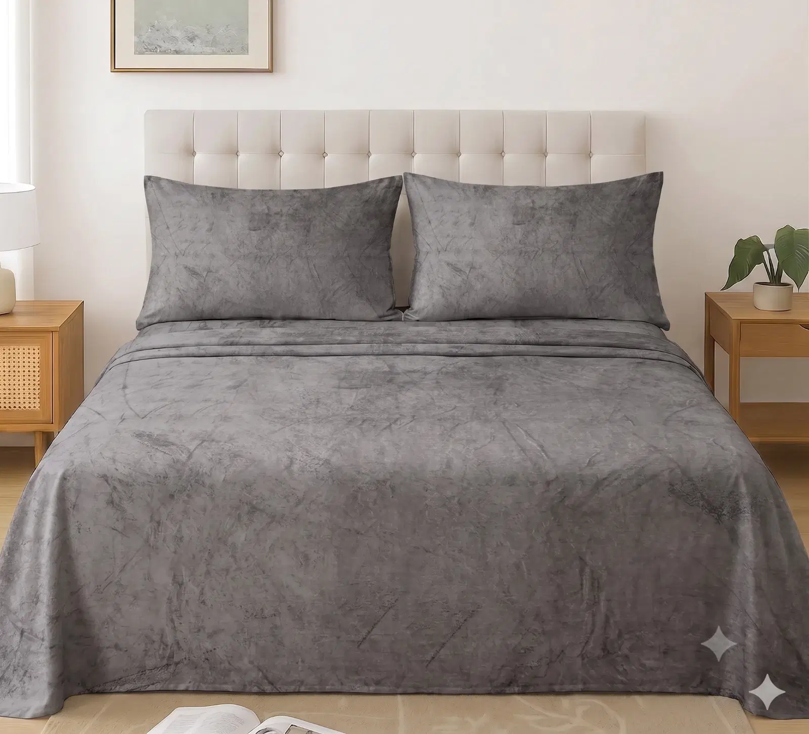 Front view of grey marble-texture bed sheet set styled with two matching pillow covers on a bed