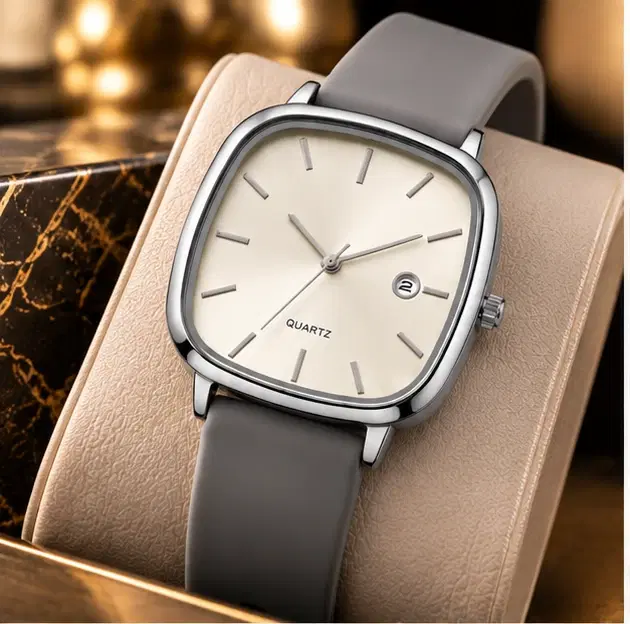 Minimalist Square Dial Quartz Wrist Watch Men with Grey Strap