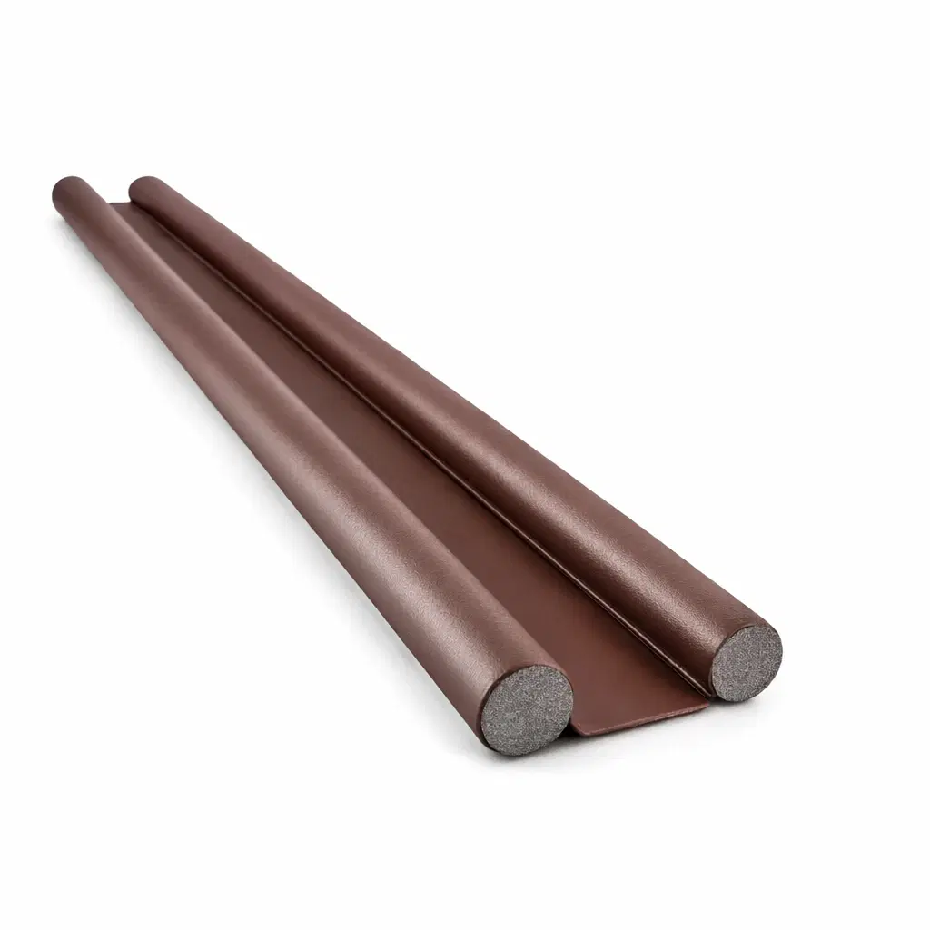 Brown double-sided foam draft stopper shown at an angle with two cylindrical inserts and center flap