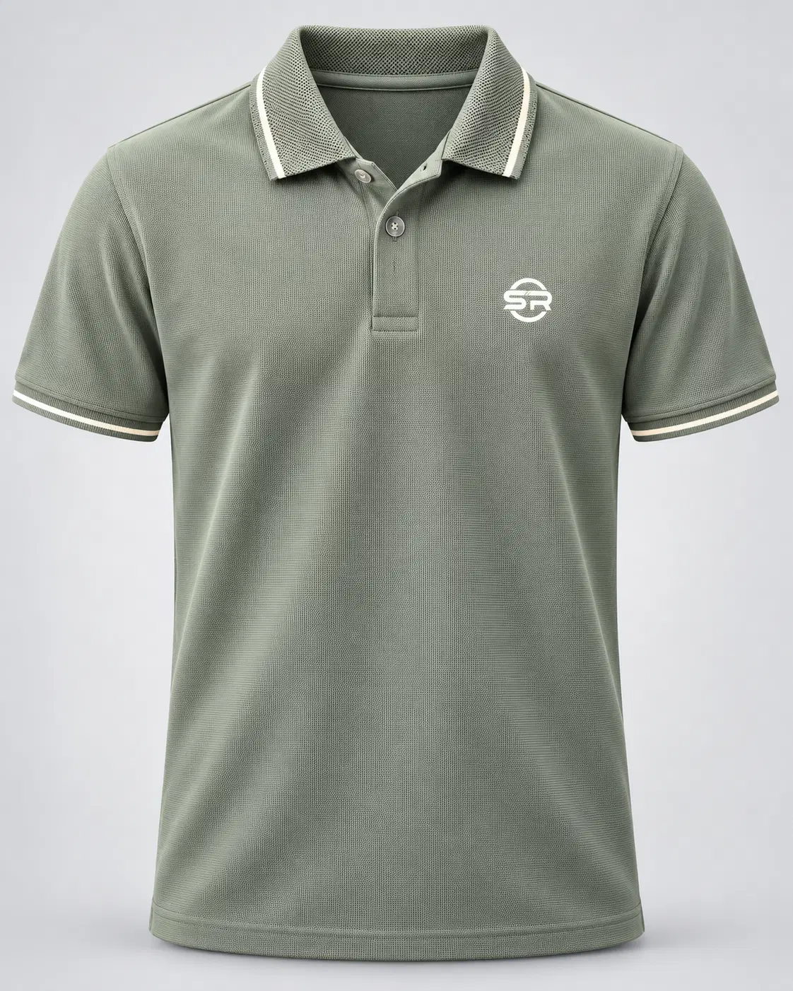 Front view of sage green textured polo T-shirt with white tipped collar and sleeve cuffs
