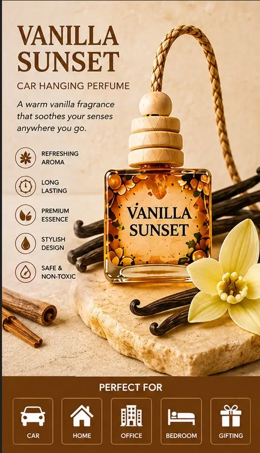 Vanilla Sunset hanging car perfume bottle with braided cord and vanilla flower, plus feature icons on beige backdrop