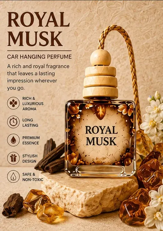 Royal Musk car hanging perfume bottle with braided cord and scent feature icons on beige background