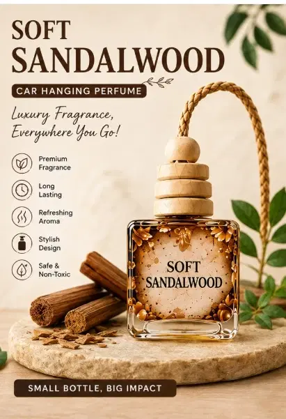 Soft Sandalwood car hanging perfume bottle with rope cap, shown with sandalwood sticks and feature icons