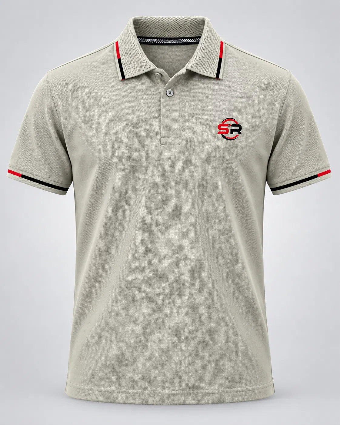 Front view of light grey polo tee with red-black tipped collar and sleeves and SR chest logo