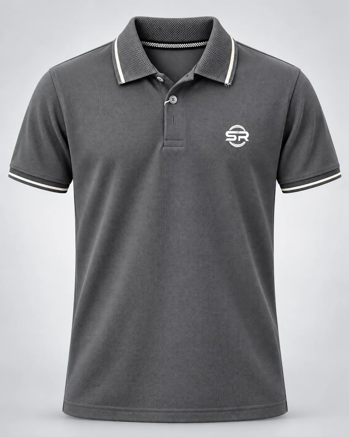 Front view of charcoal grey polo T-shirt with white tipped collar, sleeve bands and SR chest logo