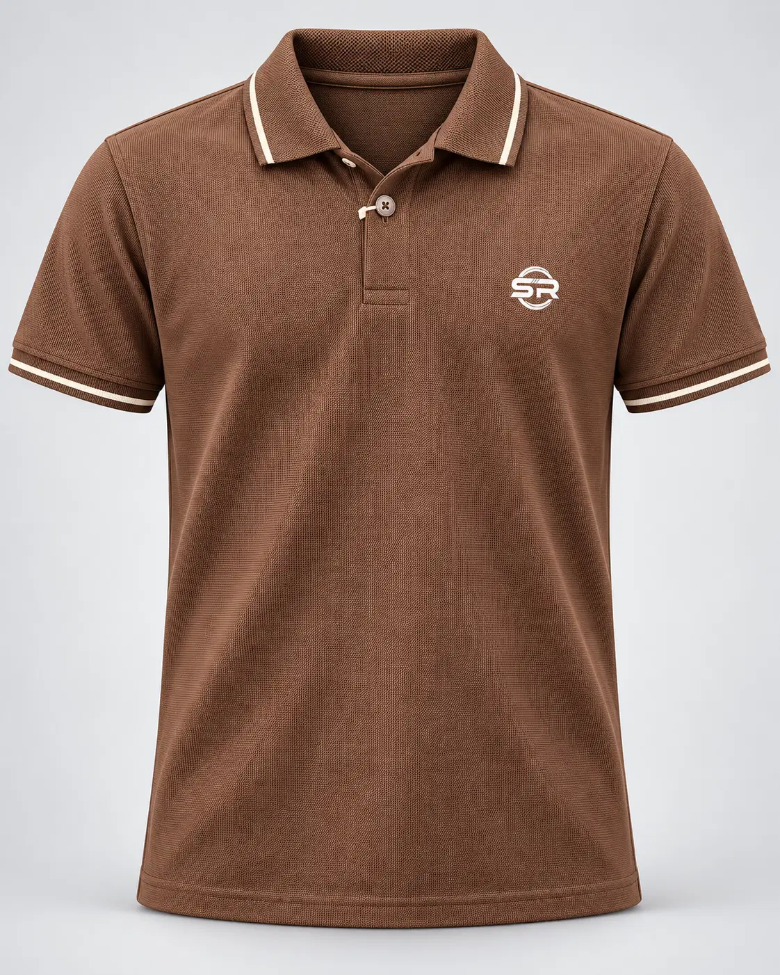 Front view of brown textured polo tee with white tipped collar, sleeve cuffs and chest SR logo