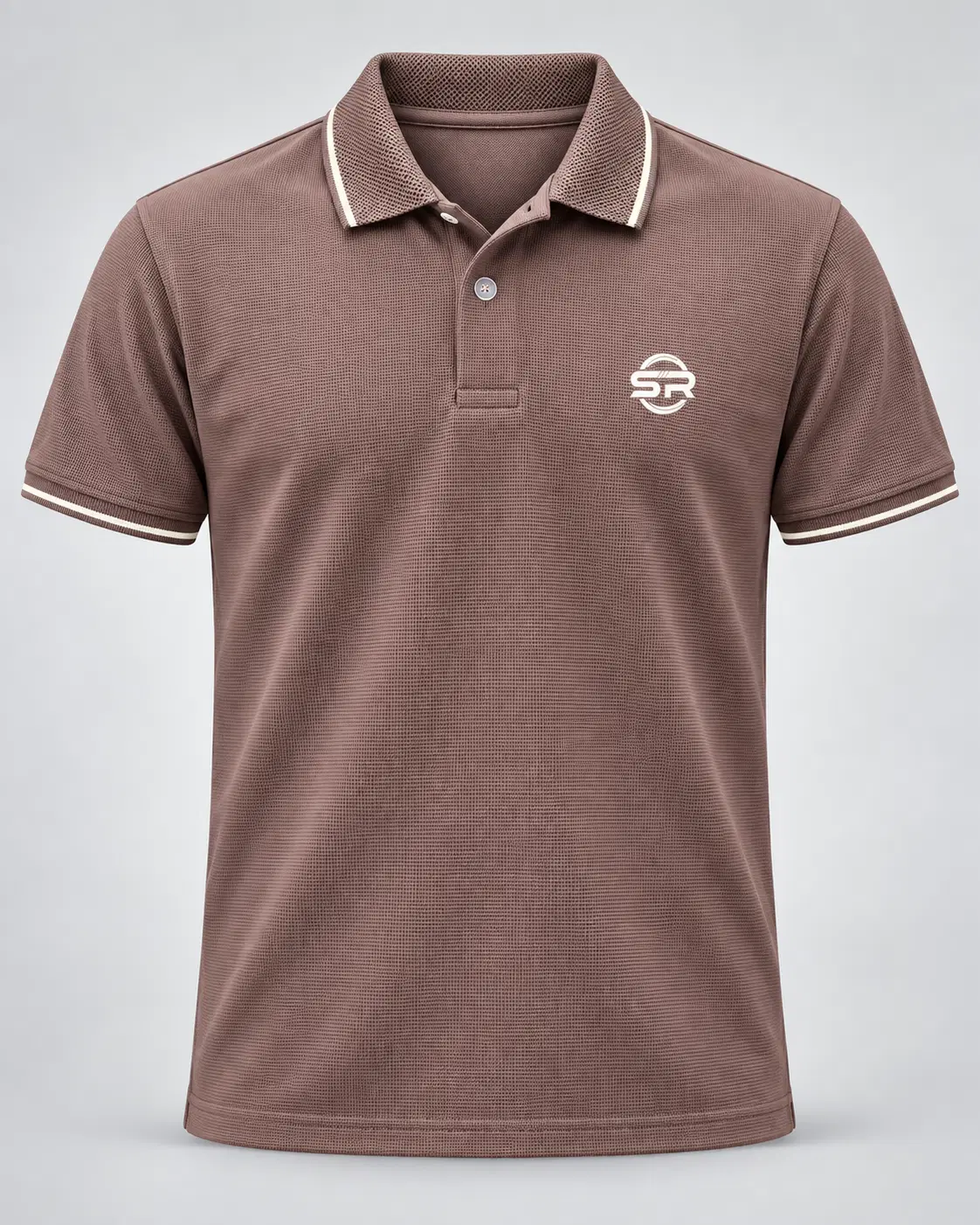 Front view of taupe textured polo T-shirt with white tipped collar and sleeve cuffs, plus SR chest logo