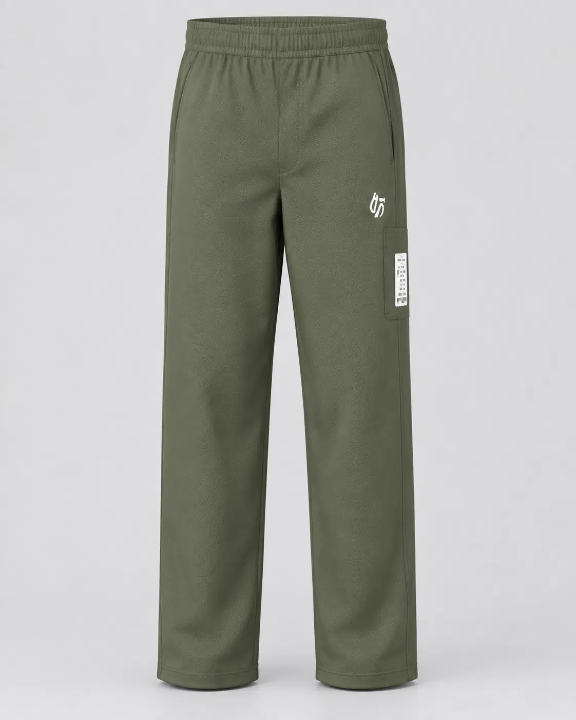 Front view of olive green straight-fit track pants with elastic waistband and side utility patch detail