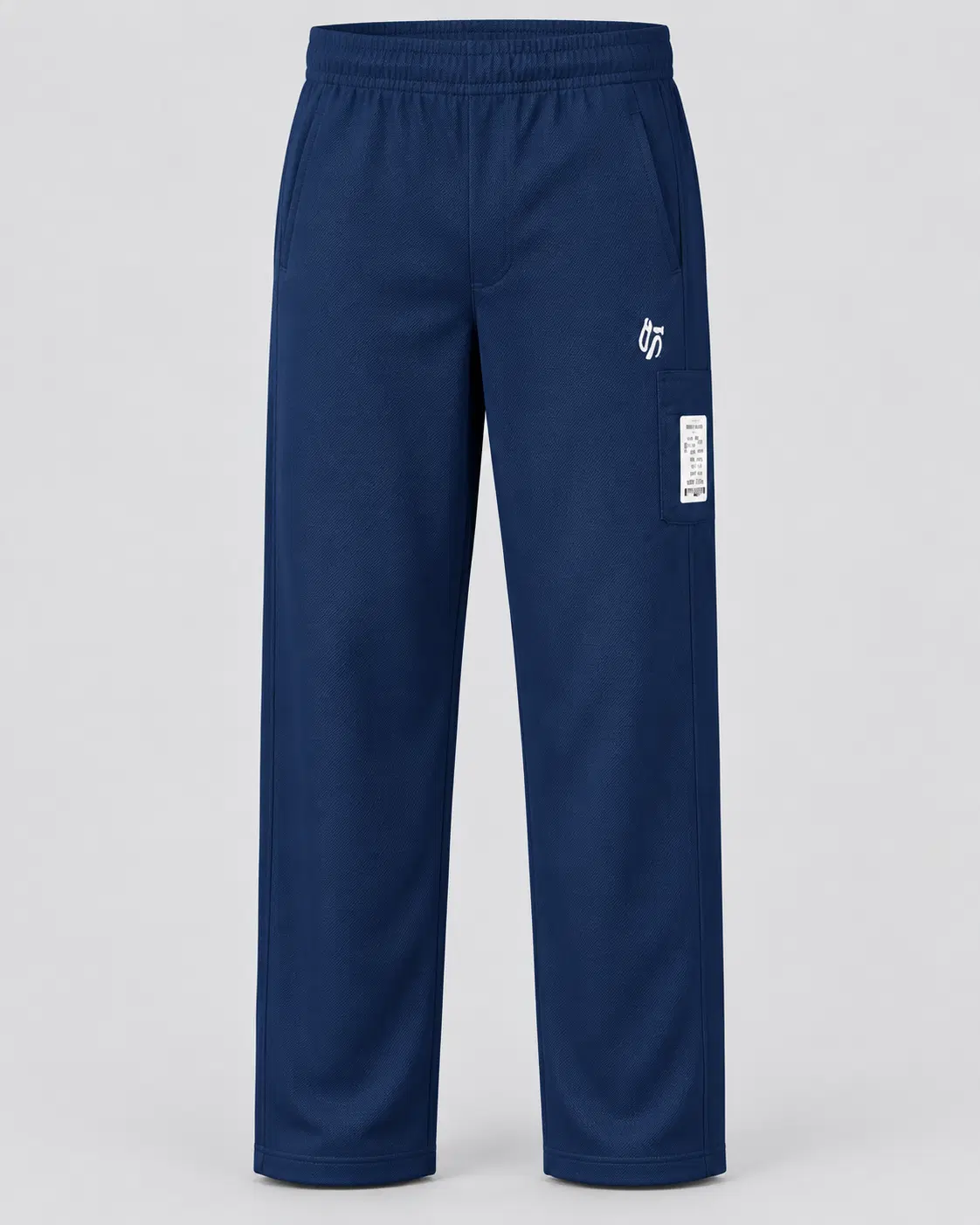 Front view of navy straight-leg track pants with elastic waist, side pockets and flap cargo pocket detail