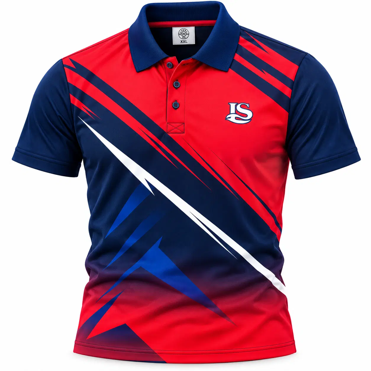 Front view of red and navy polo tee with diagonal white and blue graphic print and LS chest logo