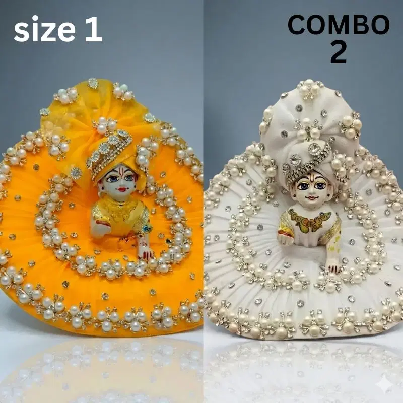 Yellow and white Laddu Gopal dress combo with pearl floral trim and rhinestone embellishments